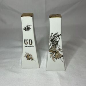 Vintage 50th Anniversary Tapered Ceramic Salt & Pepper Shakers with Gold Trim